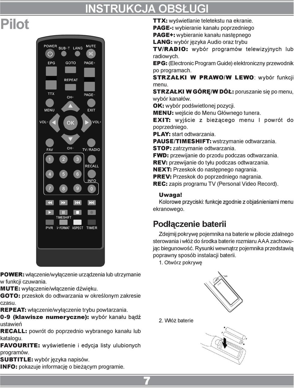 EPG: (Electronic Program Guide) elektroniczny przewodnik po programach. STRZAŁKI W PRAWO/W LEWO: wybór funkcji menu. STRZAŁKI W GÓRĘ/W DÓŁ: poruszanie się po menu, wybór kanałów.