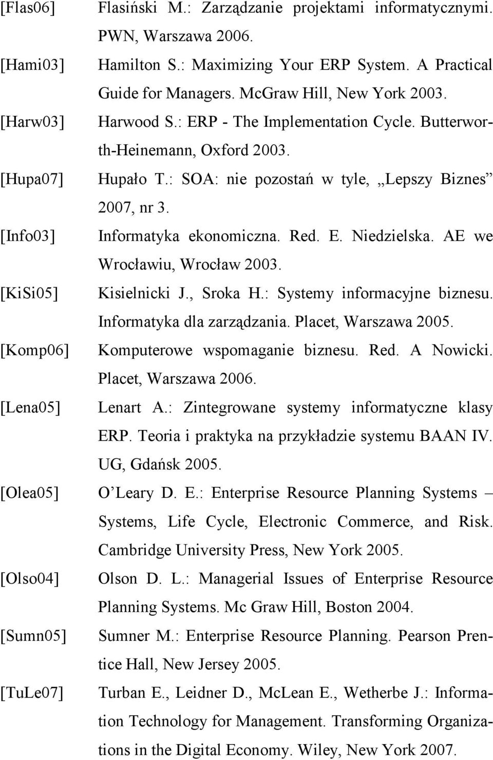 E. Niedzielska. AE we Wrocławiu, Wrocław 2003. [KiSi05] Kisielnicki J., Sroka H.: Systemy informacyjne biznesu. Informatyka dla zarządzania. Placet, Warszawa 2005.