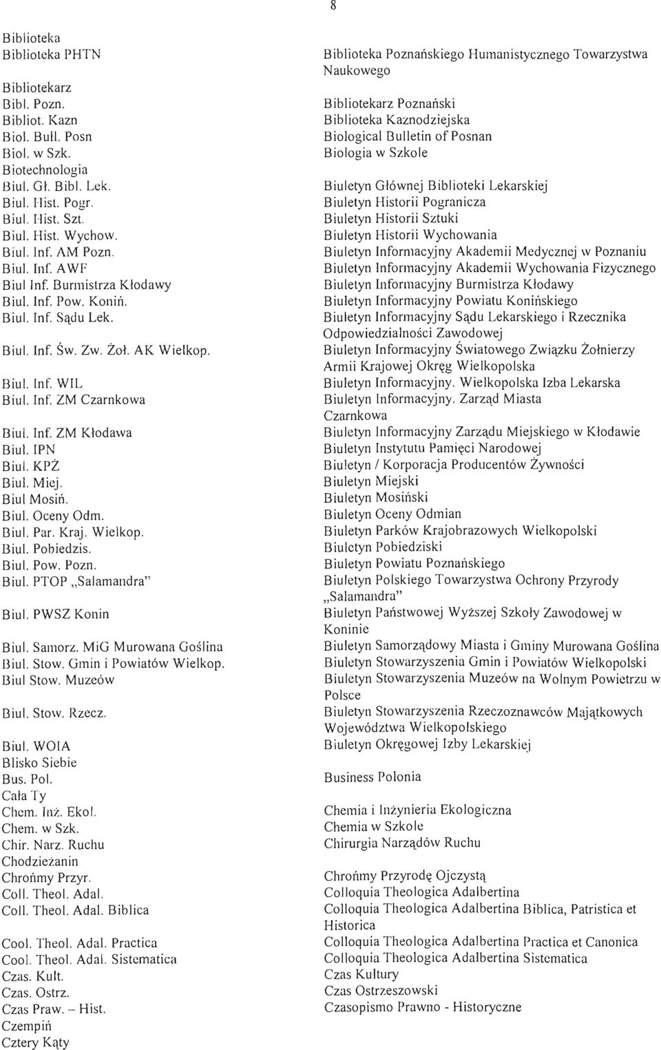 lPN Biul. KPŻ Biul. Miej. Biul Mosiń. Biul. Oceny Odm. Biul. Par. Kraj. Wielkop. Biul. Pobiedzis. Biul. Pow. Pozn. Biul. PTOP "Salamandra" Biul. PWSZ Konin Biul. Samorz. MiG Murowana Goślina Biul.