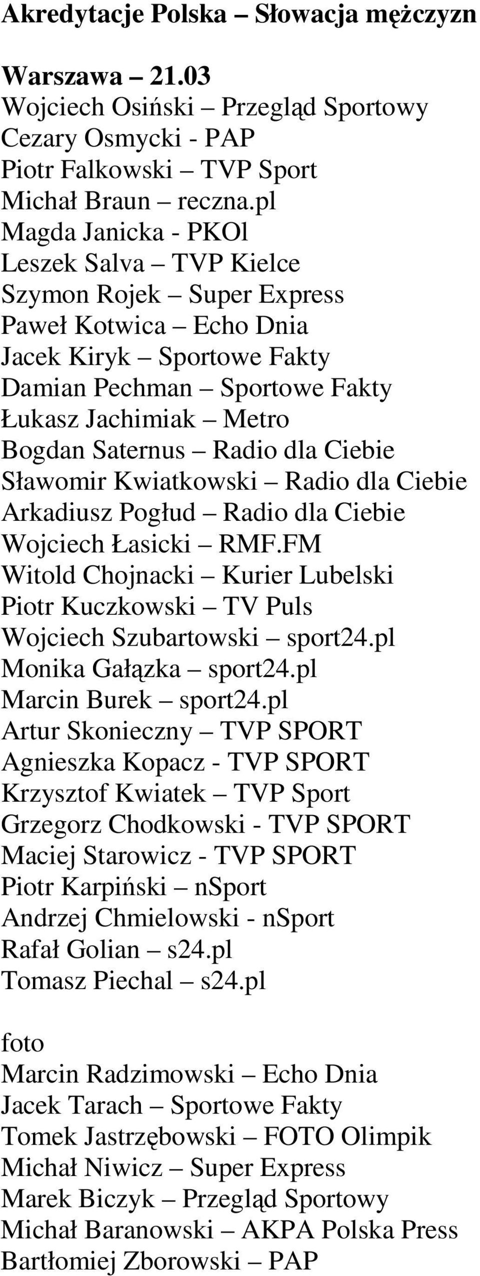 Ciebie Arkadiusz Pogłud Radio dla Ciebie Wojciech Łasicki RMF.FM Witold Chojnacki Kurier Lubelski Piotr Kuczkowski TV Puls Monika Gałązka sport24.