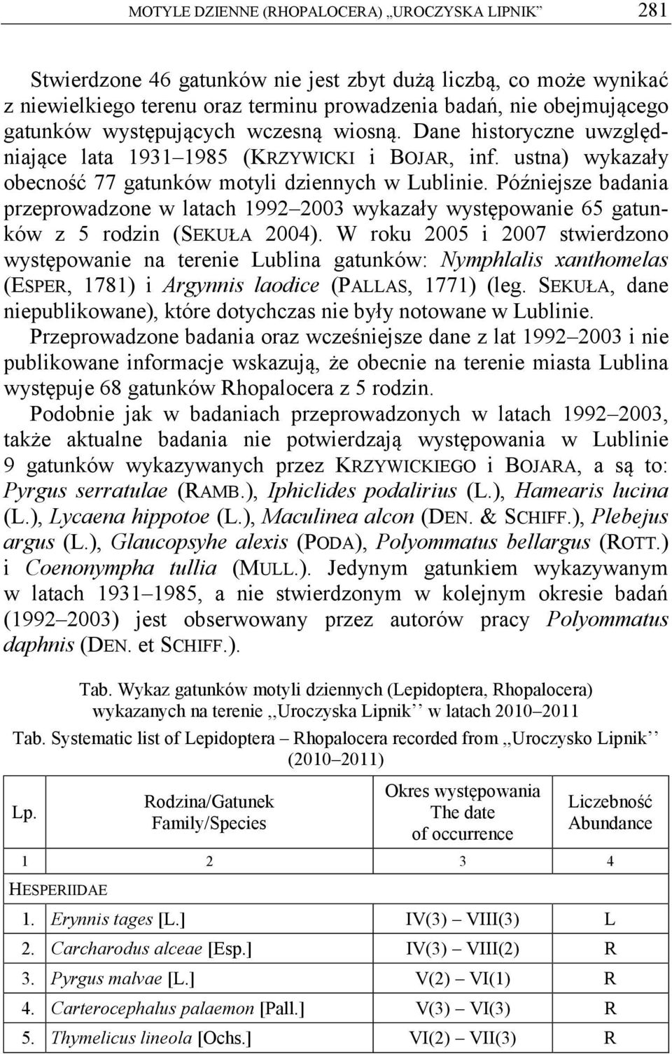 Późniejsze badania przeprowadzone w latach 1992 2003 wykazały występowanie 65 gatunków z 5 rodzin (SEKUŁA 2004).