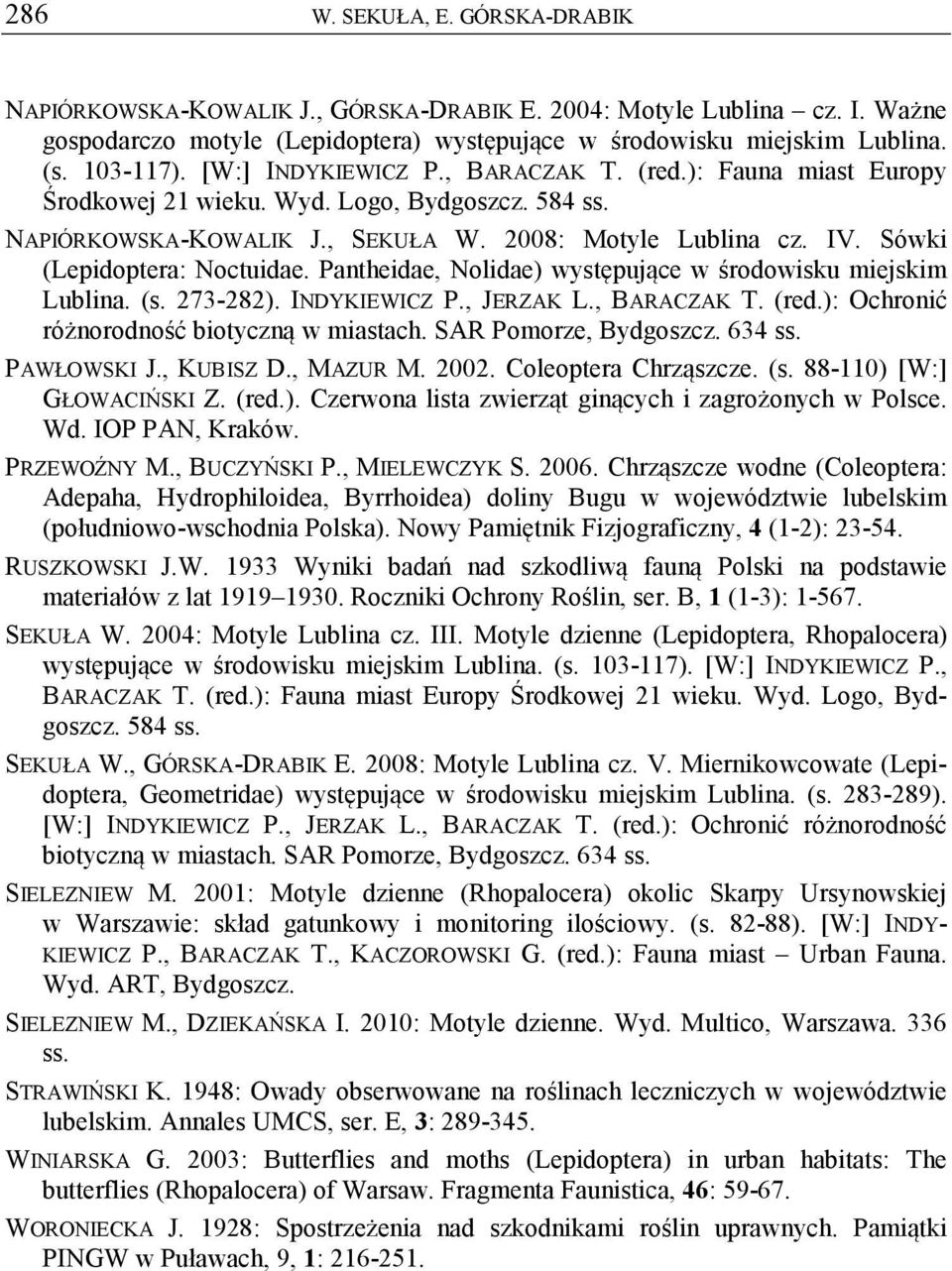 Sówki (Lepidoptera: Noctuidae. Pantheidae, Nolidae) występujące w środowisku miejskim Lublina. (s. 273-282). INDYKIEWICZ P., JERZAK L., BARACZAK T. (red.): Ochronić różnorodność biotyczną w miastach.