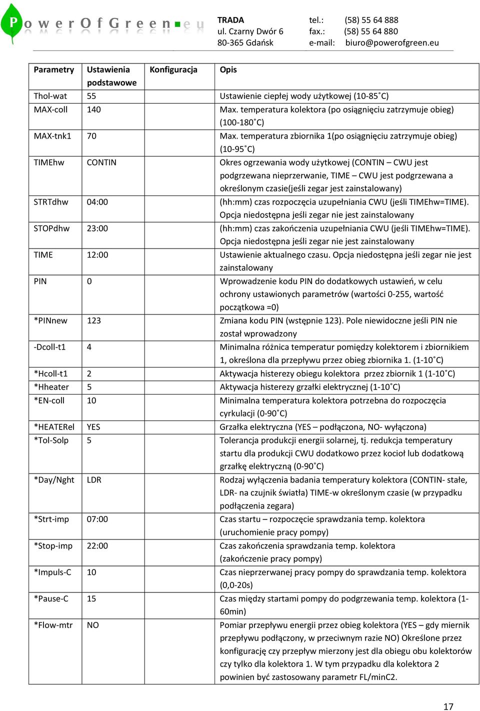 temperatura zbiornika 1(po osiągnięciu zatrzymuje obieg) (10-95 C) TIMEhw CONTIN Okres ogrzewania wody użytkowej (CONTIN CWU jest podgrzewana nieprzerwanie, TIME CWU jest podgrzewana a określonym