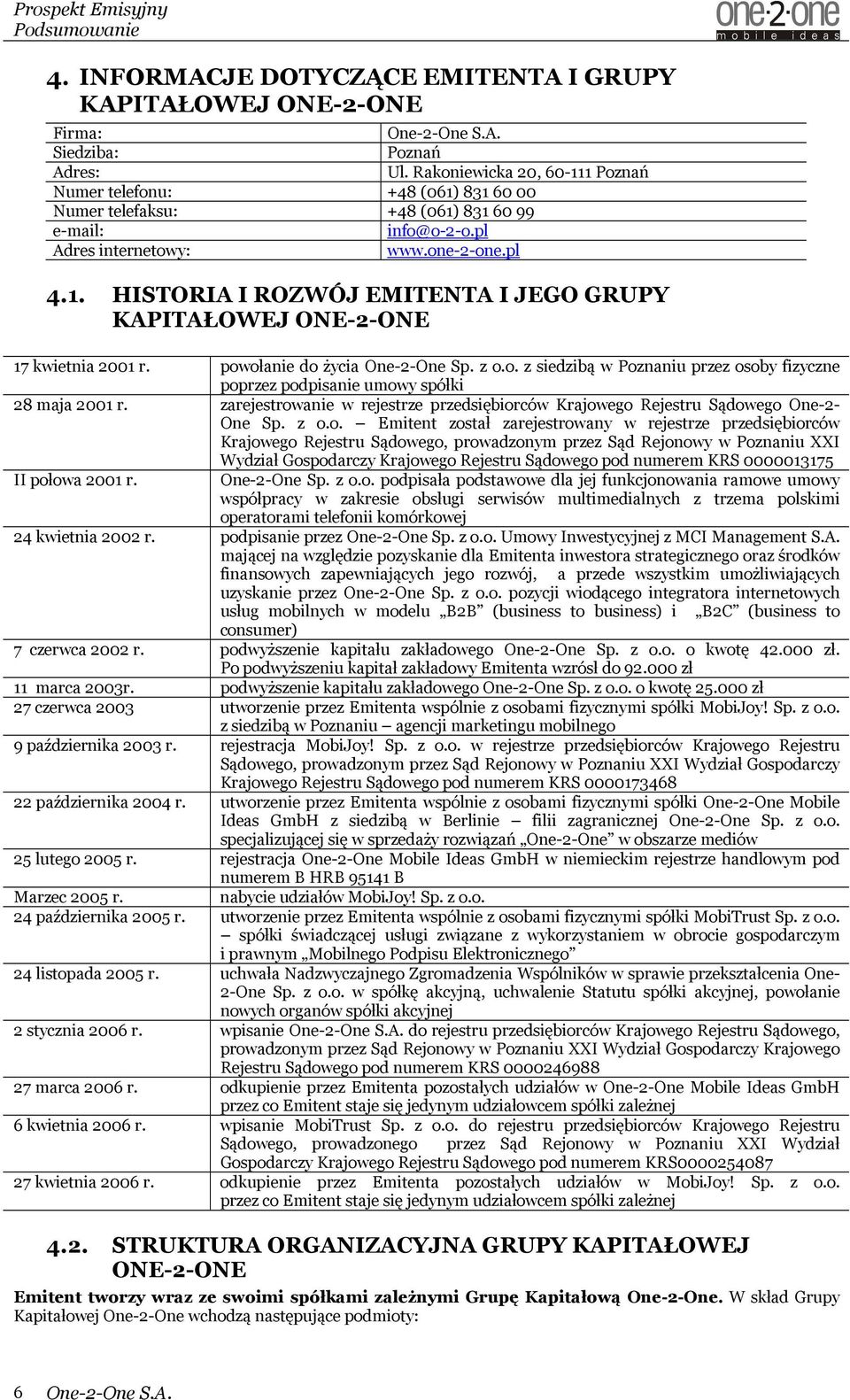 powołanie do życia One-2-One Sp. z o.o. z siedzibą w Poznaniu przez osoby fizyczne poprzez podpisanie umowy spółki 28 maja 2001 r.