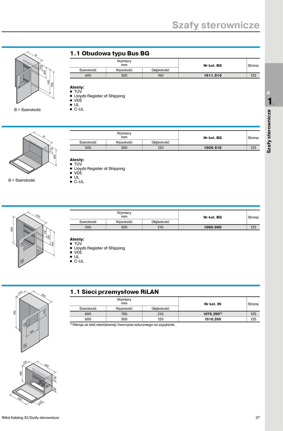 Szafy sterownicze B = 300 testy: TÜV Lloyds Register of Shipping VDE UL C-UL 500 Nr kat. BG 500 132 500 500 210 1050.