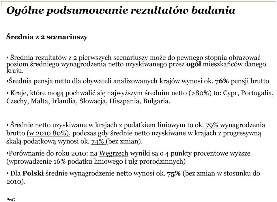 76% pensji brutto Kraje, które mogą pochwalić się najwyższym średnim netto (>80%) to: Cypr, Portugalia, Czechy, Malta, Irlandia, Słowacja, Hiszpania, Bułgaria.