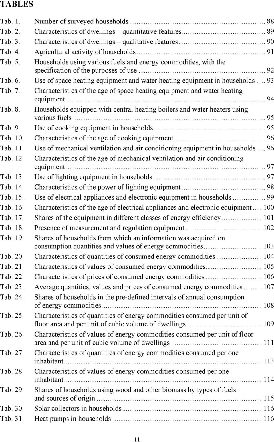 Use of space heating equipment and water heating equipment in households... 93 Tab. 7. Characteristics of the age of space heating equipment and water heating equipment... 94 Tab. 8.
