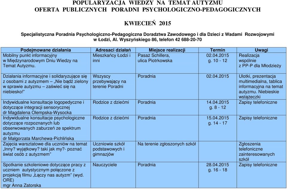 10-12 Mobilny punkt informacyjny w Międzynarodowym Dniu Wiedzy na Temat Autyzmu.