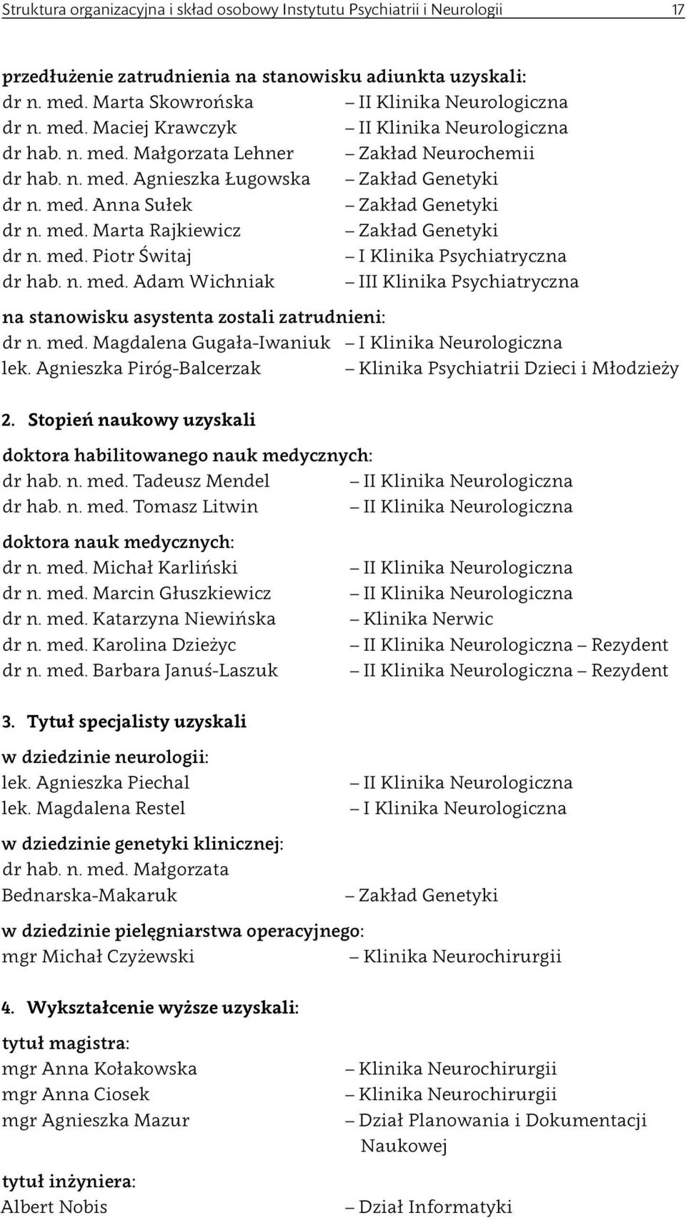 n. med. Adam Wichniak III Klinika Psychiatryczna na stanowisku asystenta zostali zatrudnieni: dr n. med. Magdalena Gugała Iwaniuk I Klinika Neurologiczna lek.