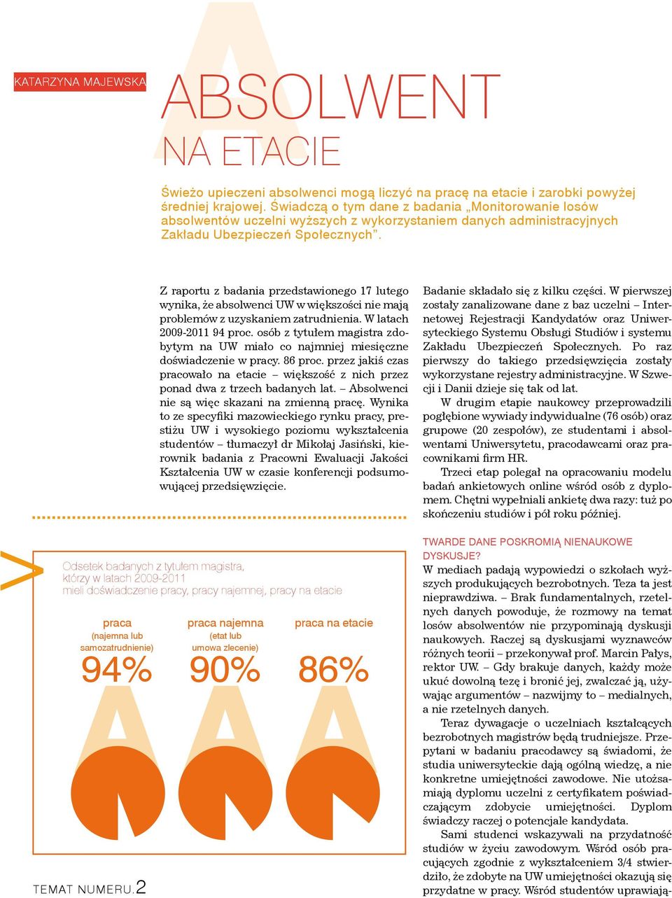 Z raportu z badania przedstawionego 17 lutego wynika, że absolwenci UW w większości nie mają problemów z uzyskaniem zatrudnienia. W latach 2009-2011 94 proc.