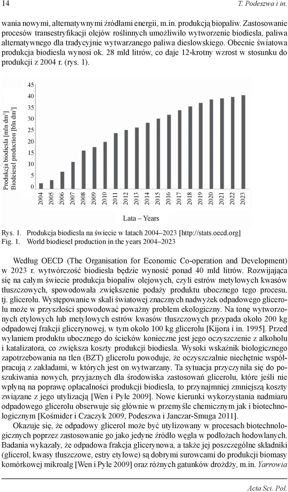 Obecnie światowa produkcja biodiesla wynosi ok. 28 mld litrów, co daje 12-krotny wzrost w stosunku do produkcji z 2004 r. (rys. 1).