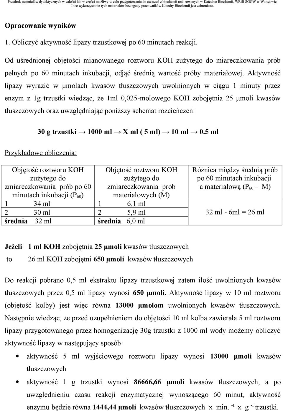 Aktywność lipazy wyrazić w μmolach kwasów tłuszczowych uwolnionych w ciągu 1 minuty przez enzym z 1g trzustki wiedząc, że 1ml 0,025-molowego KOH zobojętnia 25 μmoli kwasów tłuszczowych oraz