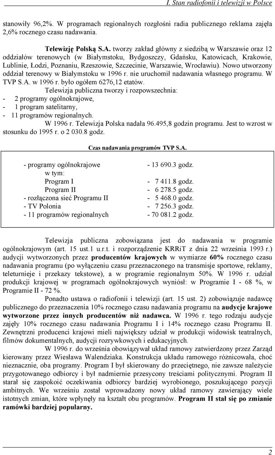 Wrocławiu). Nowo utworzony oddział terenowy w Białymstoku w 1996 r. nie uruchomił nadawania własnego programu. W TVP S.A. w 1996 r. było ogółem 6276,12 etatów.