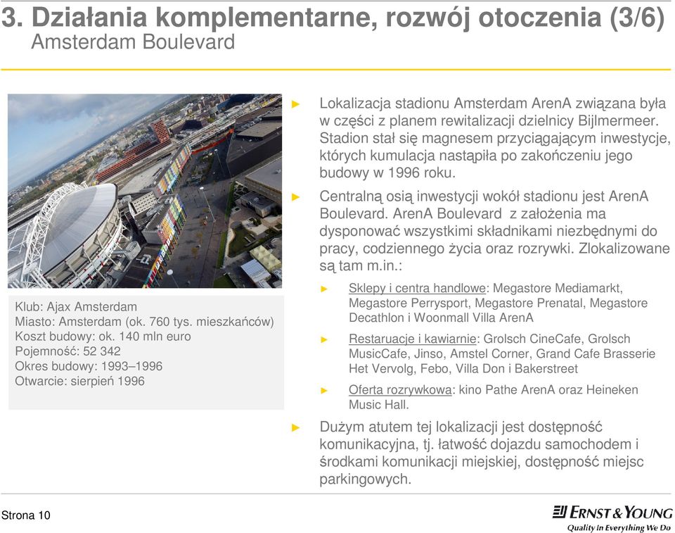 Stadion stał się magnesem przyciągającym inwestycje, których kumulacja nastąpiła po zakończeniu jego budowy w 1996 roku. Centralną osią inwestycji wokół stadionu jest ArenA Boulevard.