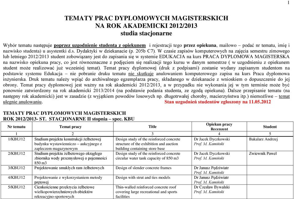 W czasie zapisów komputerowych na zajęcia semestru zimowego lub letniego 2012/2013 student zobowiązany jest do zapisania się w systemie EDUKACJA na kurs PRACA DYPLOMOWA MAGISTERSKA na nazwisko