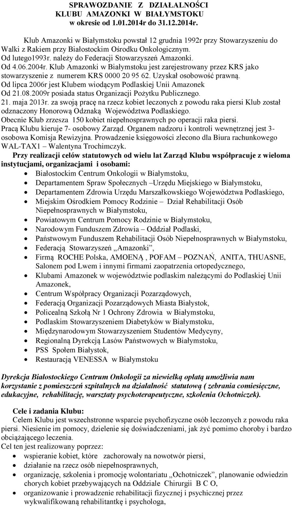 należy do Federacji Stowarzyszeń Amazonki. Od 4.06.2004r. Klub Amazonki w Białymstoku jest zarejestrowany przez KRS jako stowarzyszenie z numerem KRS 0000 20 95 62. Uzyskał osobowość prawną.