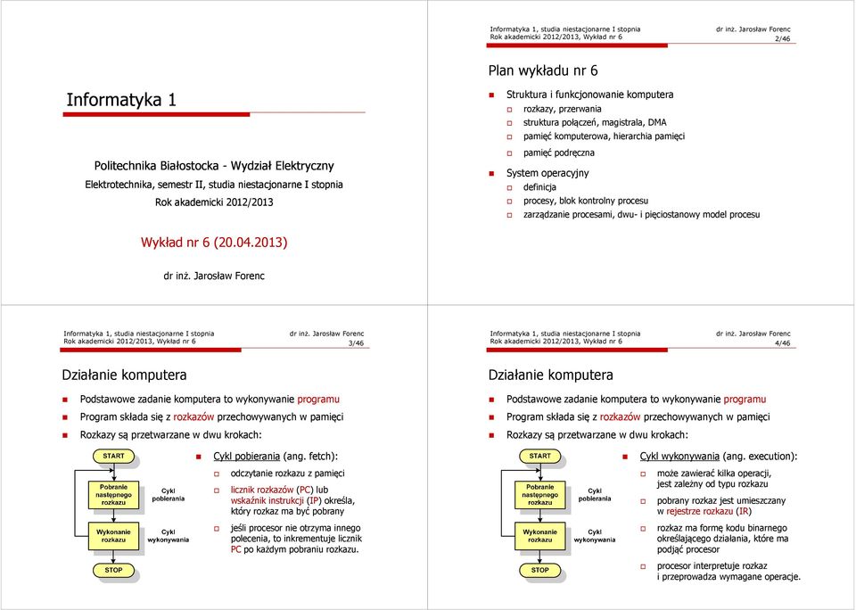 2013) Struktura i funkcjonowanie komputera rozkazy, przerwania struktura połączeń, magistrala, DMA pamięć komputerowa, hierarchia pamięci pamięć podręczna System operacyjny definicja procesy, blok