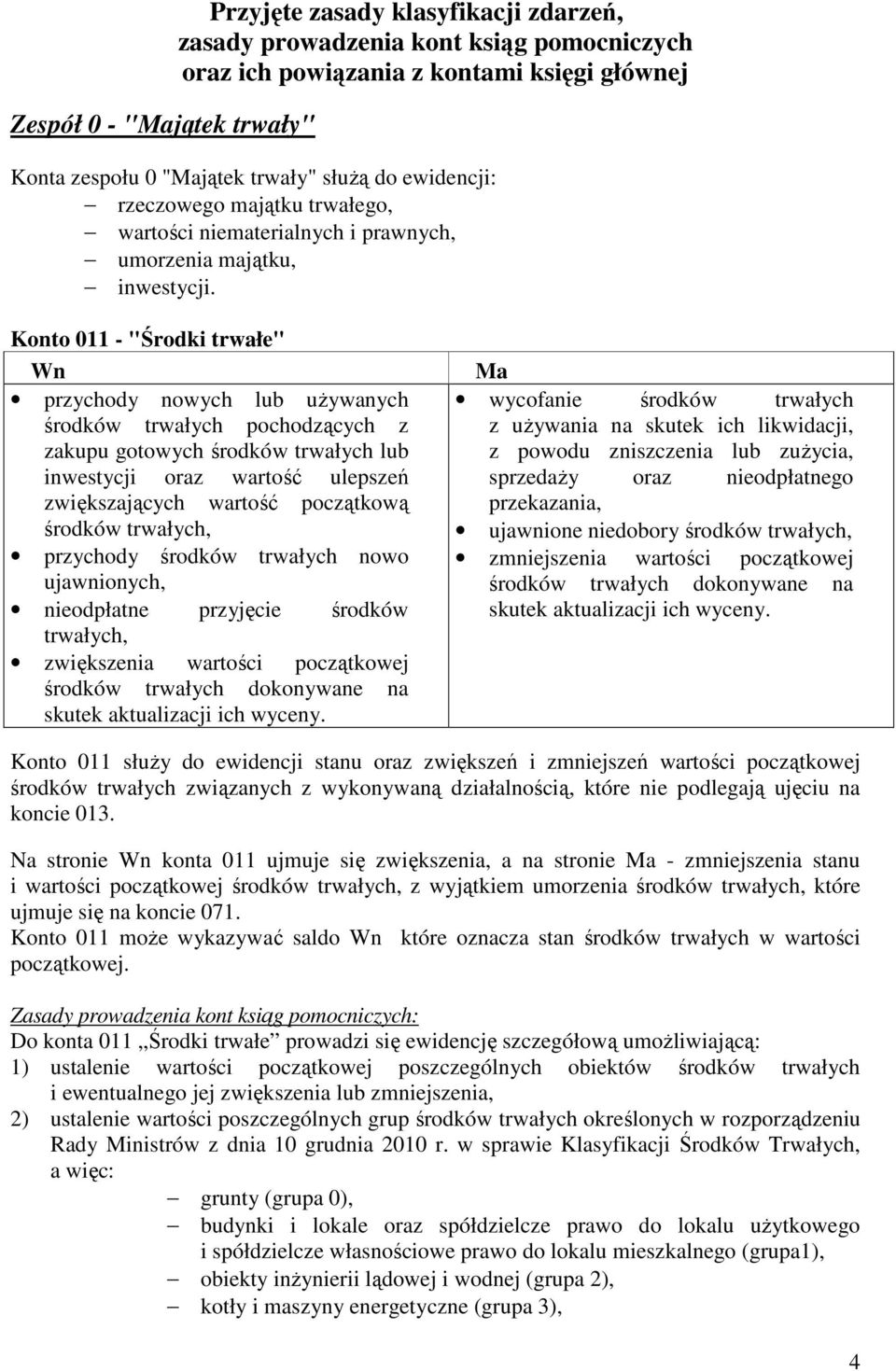 Konto 011 - "Środki trwałe" przychody nowych lub uŝywanych środków trwałych pochodzących z zakupu gotowych środków trwałych lub inwestycji oraz wartość ulepszeń zwiększających wartość początkową