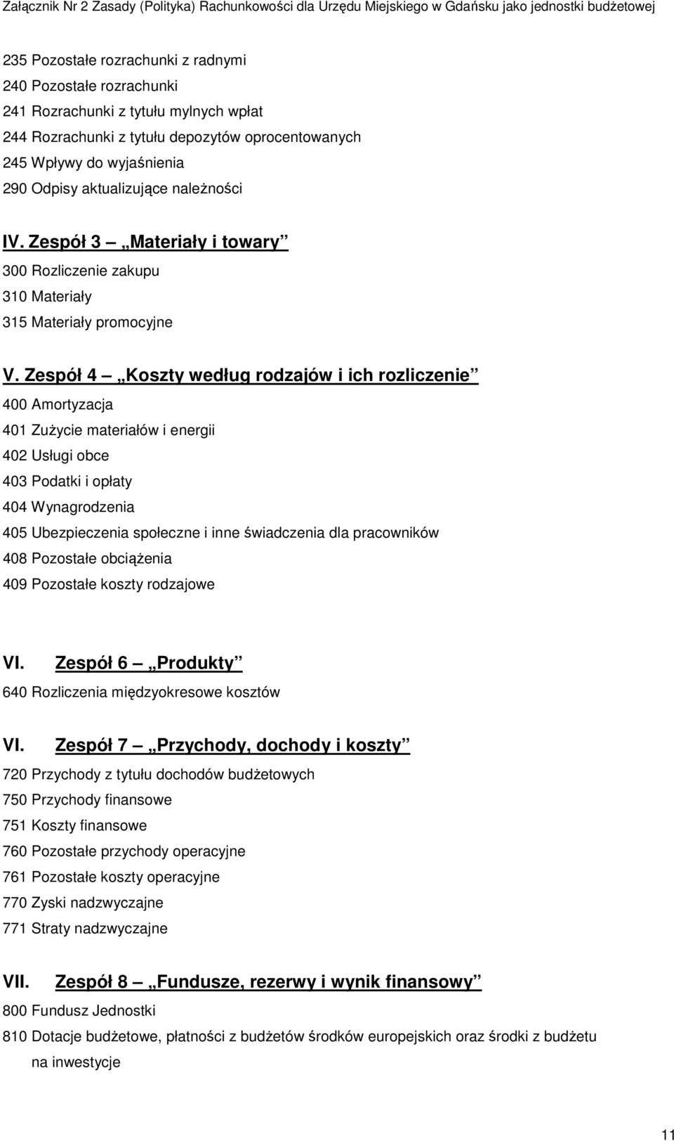 Zespół 4 Koszty według rodzajów i ich rozliczenie 400 Amortyzacja 401 Zużycie materiałów i energii 402 Usługi obce 403 Podatki i opłaty 404 Wynagrodzenia 405 Ubezpieczenia społeczne i inne