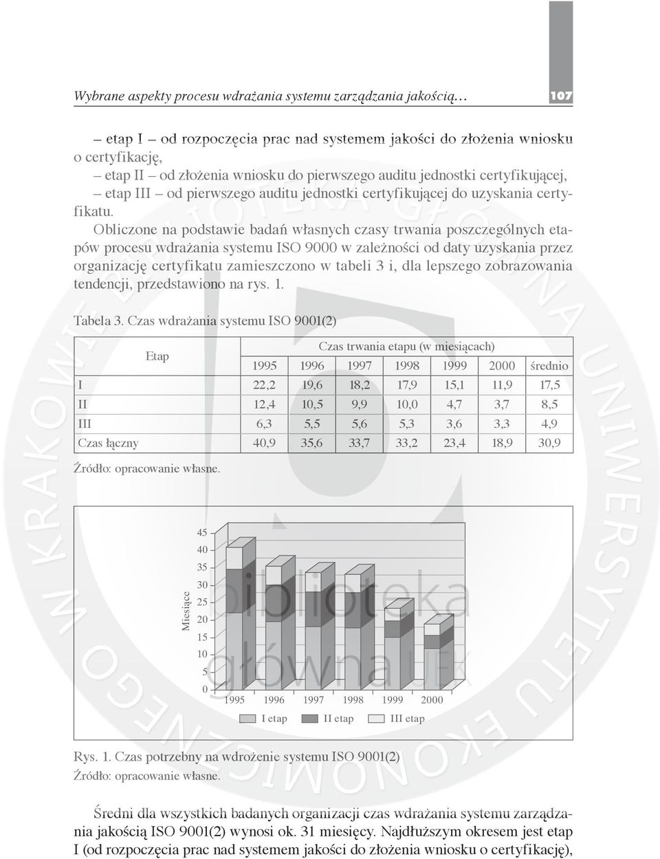 Obliczone na podstawie badań własnych czasy trwania poszczególnych etapów procesu wdrażania systemu ISO 9000 w zależności od daty uzyskania przez organizację certyfikatu zamieszczono w tabeli 3 i,