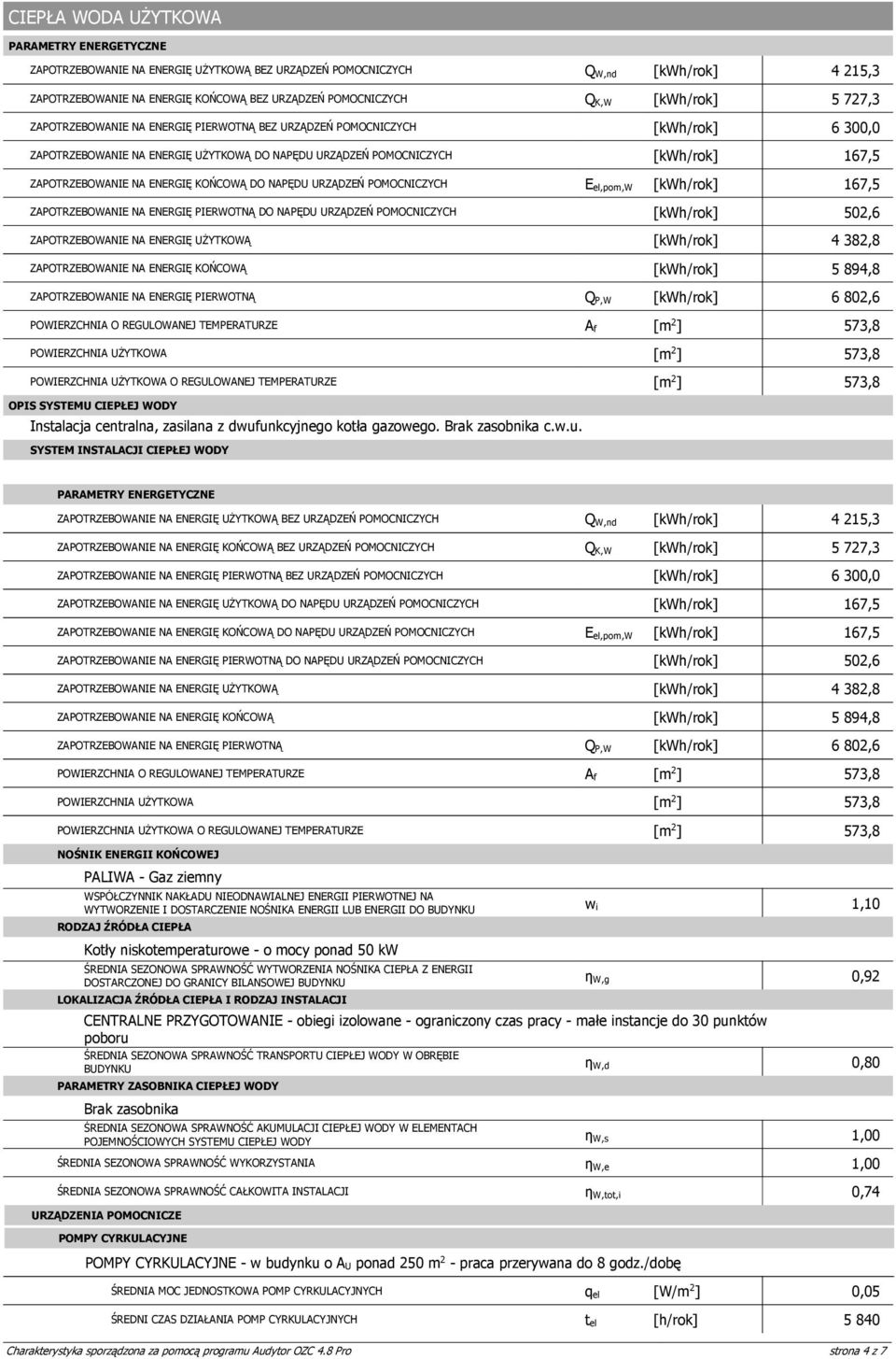 ZAPOTRZEBOWANIE NA ENERGIĘ UŻYTKOWĄ 4 382,8 ZAPOTRZEBOWANIE NA ENERGIĘ KOŃCOWĄ 5 894,8 ZAPOTRZEBOWANIE NA ENERGIĘ PIERWOTNĄ Q P,W 6 802,6 POWIERZCHNIA O REGULOWANEJ TEMPERATURZE A [m 2 f ]