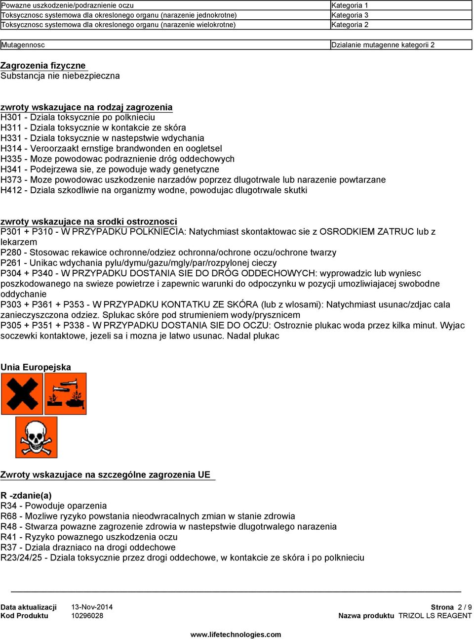 toksycznie w kontakcie ze skóra H331 - Dziala toksycznie w nastepstwie wdychania H314 - Veroorzaakt ernstige brandwonden en oogletsel H335 - Moze powodowac podraznienie dróg oddechowych H341 -