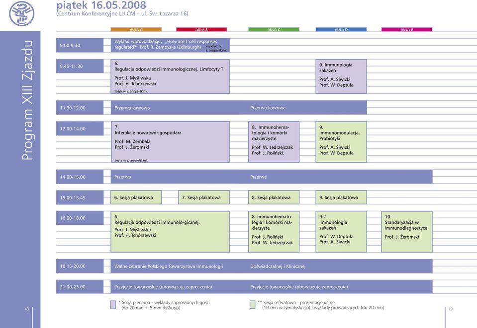 Interakcje nowotwór-gospodarz Prof. M. Zembala Prof. J. Żeromski Przerwa kawowa 8. Immunohematologia i komórki macierzyste. Prof. W. Jedrzejczak Prof. J. Roliński, 9. Immunologia zakażeń Prof. A.