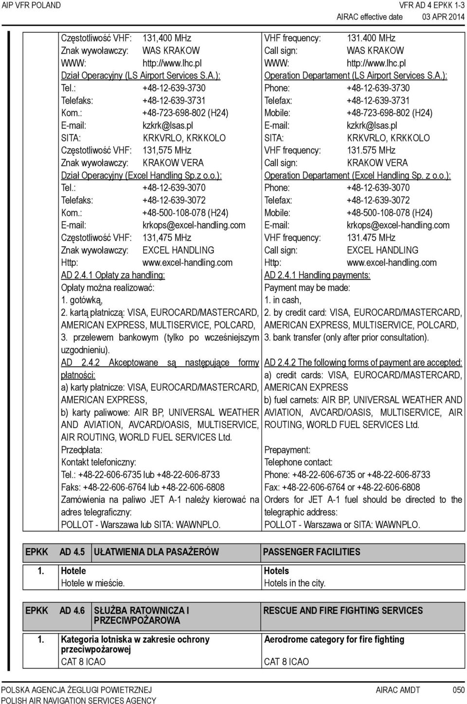 pl SITA: KRKVRLO, KRKKOLO Częstotliwość VHF: 131,575 MHz Znak wywoławczy: KRAKOW VERA Dział Operacyjny (Excel Handling Sp.z o.o.): Tel.: +48-12-639-3070 Telefaks: +48-12-639-3072 Kom.