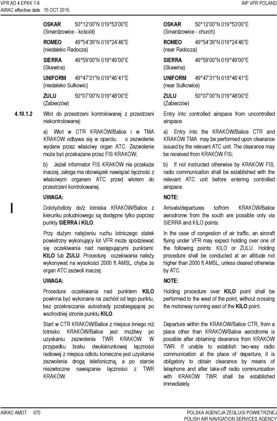 N 019 46 41 E (niedaleko Sułkowic) ZULU (Zabierzów) 50 07 00 N 019 48 00 E 4.10.1.2 Wlot do przestrzeni kontrolowanej z przestrzeni niekontrolowanej: a) Wlot w CTR KRAKÓW/Balice i w TMA KRAKÓW odbywa się w oparciu o zezwolenie wydane przez właściwy organ ATC.