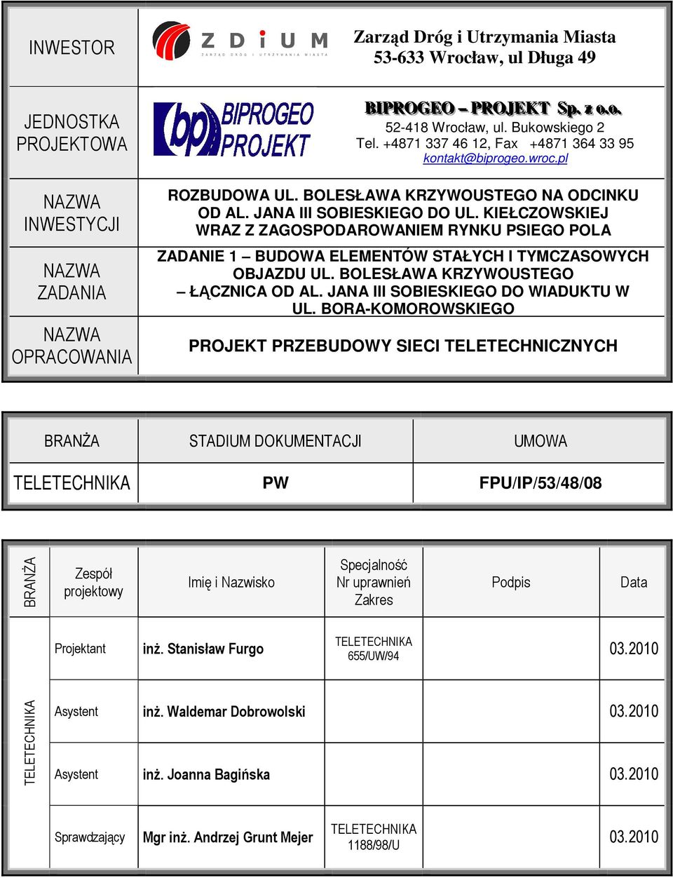 KIEŁCZOWSKIEJ WRAZ Z ZAGOSPODAROWANIEM RYNKU PSIEGO POLA ZADANIE 1 BUDOWA ELEMENTÓW STAŁYCH I TYMCZASOWYCH OBJAZDU UL. BOLESŁAWA KRZYWOUSTEGO ŁĄCZNICA OD AL. JANA III SOBIESKIEGO DO WIADUKTU W UL.