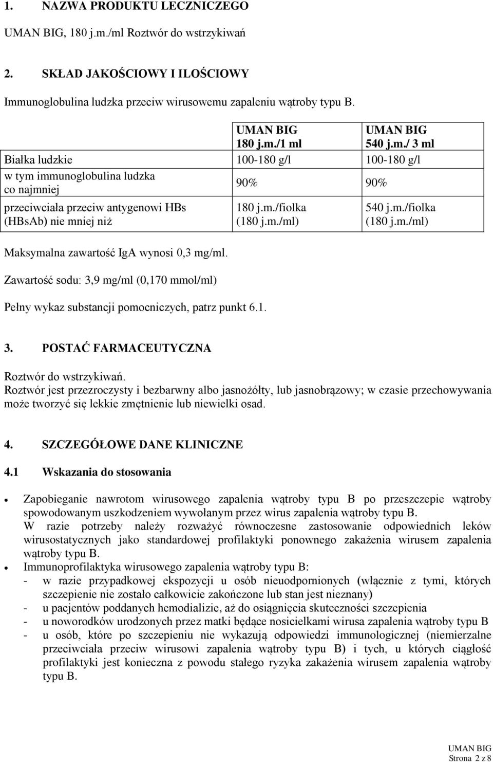 Zawartość sodu: 3,9 mg/ml (0,170 mmol/ml) Pełny wykaz substancji pomocniczych, patrz punkt 6.1. 180 j.m./fiolka (180 j.m./ml) 540 j.m./fiolka (180 j.m./ml) 3.