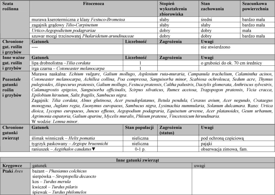 słaby słaby bardzo mała Urtico-Aegopodietum podagrariae dobry dobry mała szuwar mozgi trzcinowatej Phalaridetum arundinaceae dobry dobry bardzo mała Gatunek Liczebność Zagrożenia Uwagi ---- nie