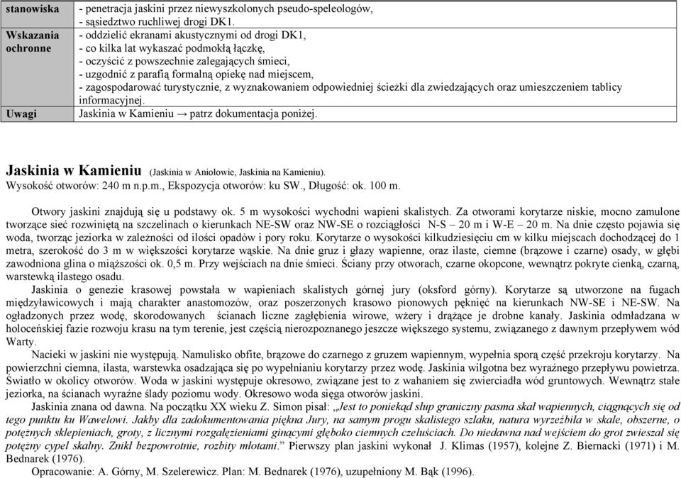 zagospodarować turystycznie, z wyznakowaniem odpowiedniej ścieżki dla zwiedzających oraz umieszczeniem tablicy informacyjnej. Jaskinia w Kamieniu patrz dokumentacja poniżej.