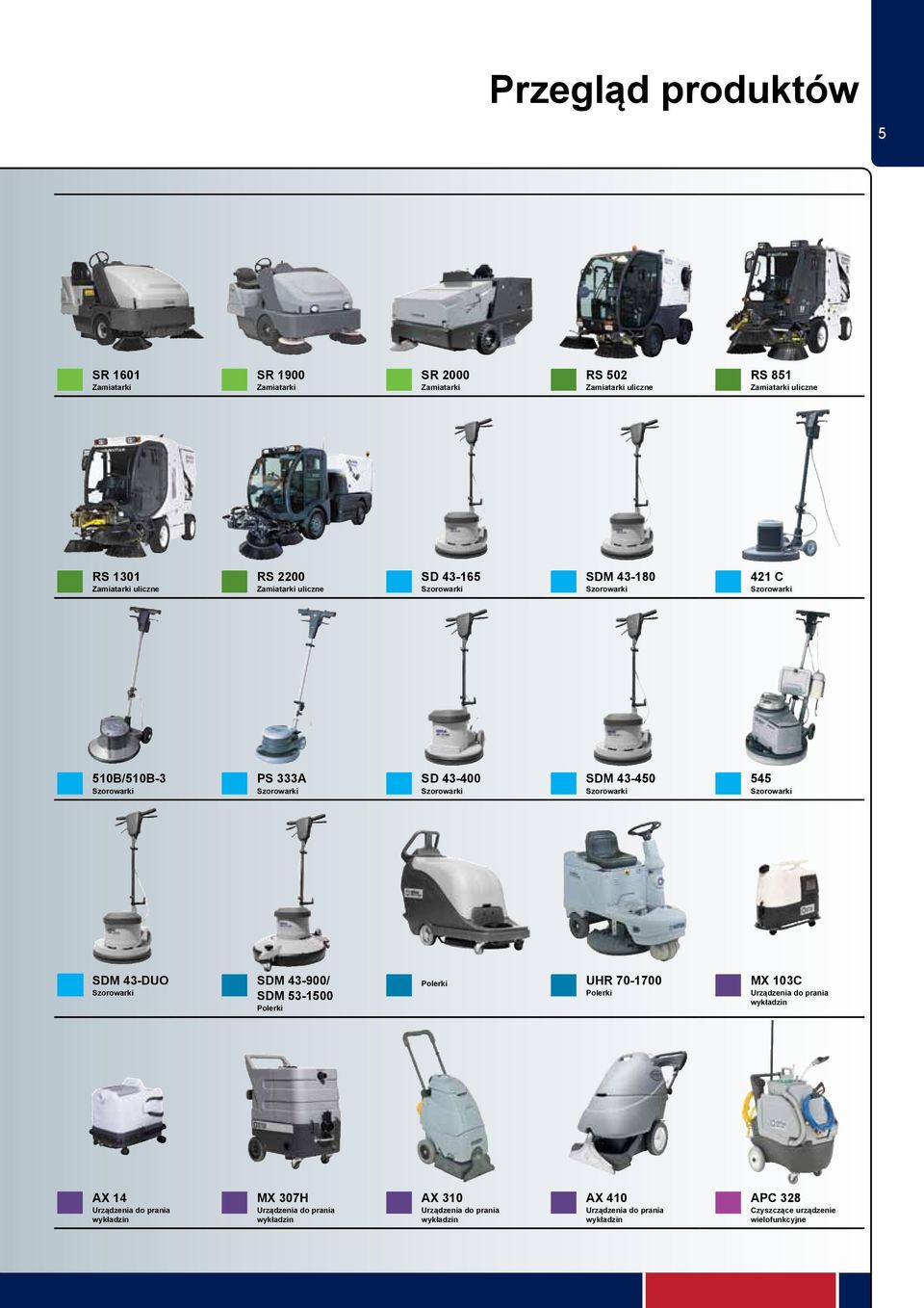 545 Szorowarki SDM 43-DUO Szorowarki SDM 43-900/ SDM 53-1500 Polerki Polerki UHR 70-1700 Polerki MX 103C Urządzenia do prania wykładzin AX 14 Urządzenia do prania