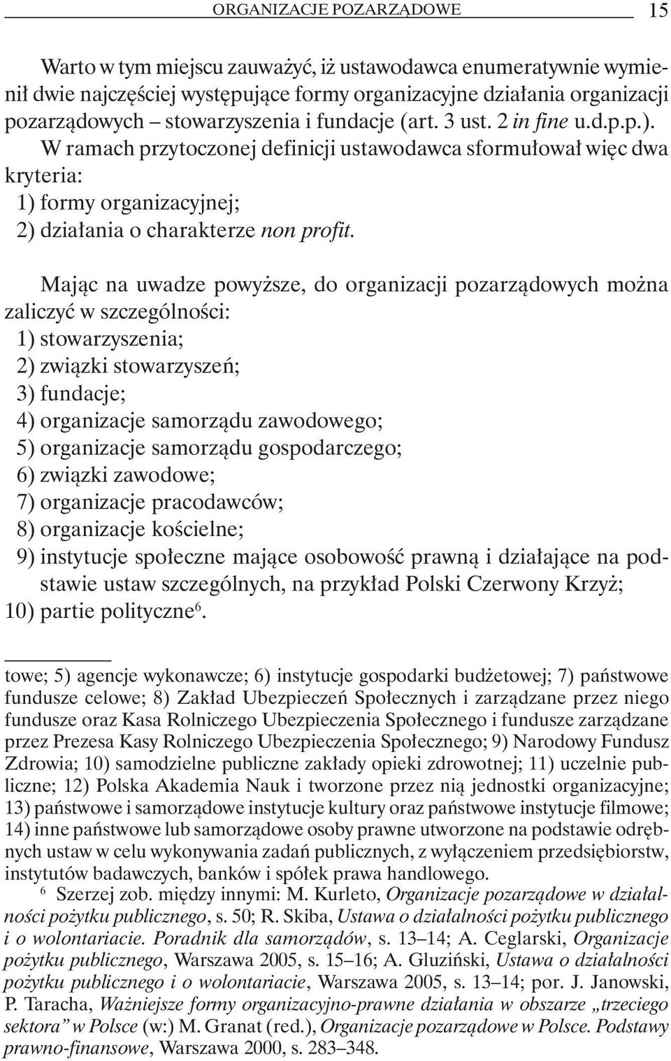 Mając na uwadze powyższe, do organizacji pozarządowych można zaliczyć w szczególności: 1) stowarzyszenia; 2) związki stowarzyszeń; 3) fundacje; 4) organizacje samorządu zawodowego; 5) organizacje