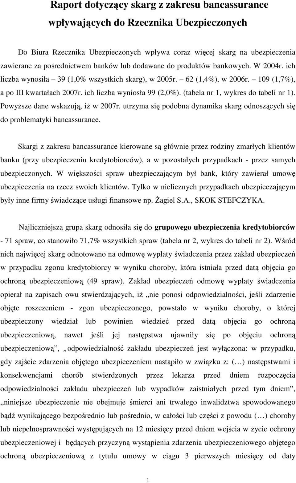 (tabela nr 1, wykres do tabeli nr 1). Powyższe dane wskazują, iż w 2007r. utrzyma się podobna dynamika skarg odnoszących się do problematyki bancassurance.