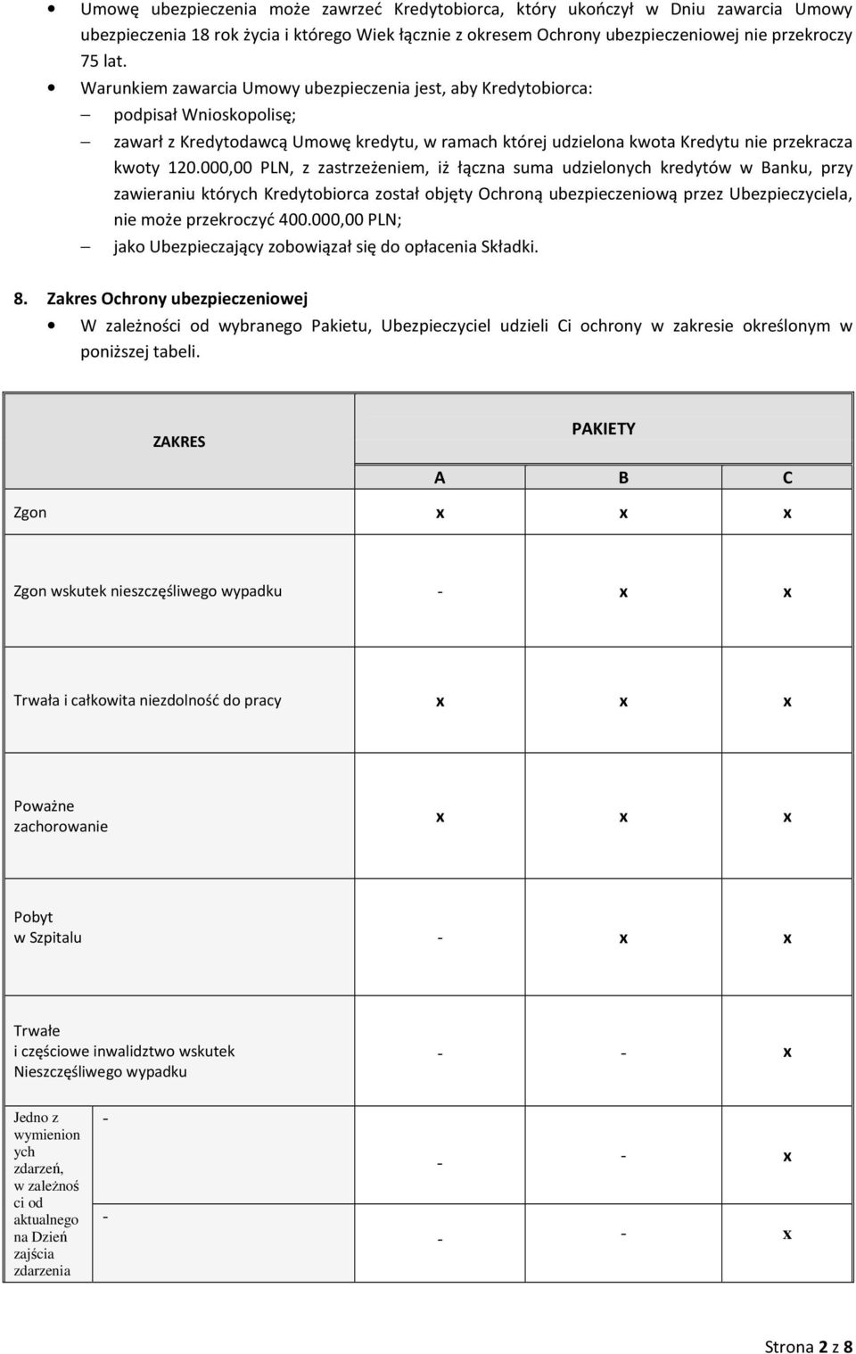 000,00 PLN, z zastrzeżeniem, iż łączna suma udzielonych kredytów w Banku, przy zawieraniu których Kredytobiorca został objęty Ochroną ubezpieczeniową przez Ubezpieczyciela, nie może przekroczyć 400.