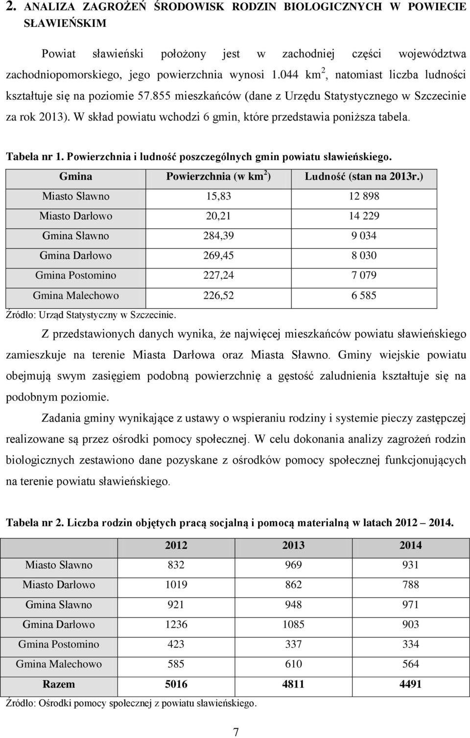 W skład powiatu wchodzi 6 gmin, które przedstawia poniższa tabela. Tabela nr 1. Powierzchnia i ludność poszczególnych gmin powiatu sławieńskiego. Gmina Powierzchnia (w km 2 ) Ludność (stan na 2013r.