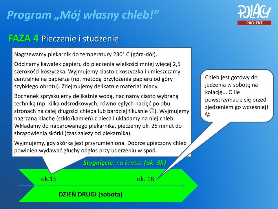 Bochenek spryskujemy delikatnie wodą, nacinamy ciasto wybraną techniką (np. kilka odśrodkowych, równoległych nacięć po obu stronach na całej długości chleba lub bardziej fikuśnie ).