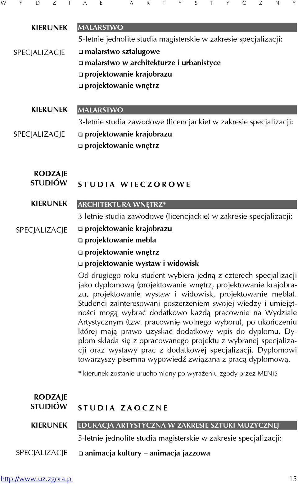 WIECZOROWE ARCHITEKTURA WNĘTRZ* 3-letnie studia zawodowe (licencjackie) w zakresie specjalizacji: projektowanie krajobrazu projektowanie mebla projektowanie wnętrz projektowanie wystaw i widowisk Od