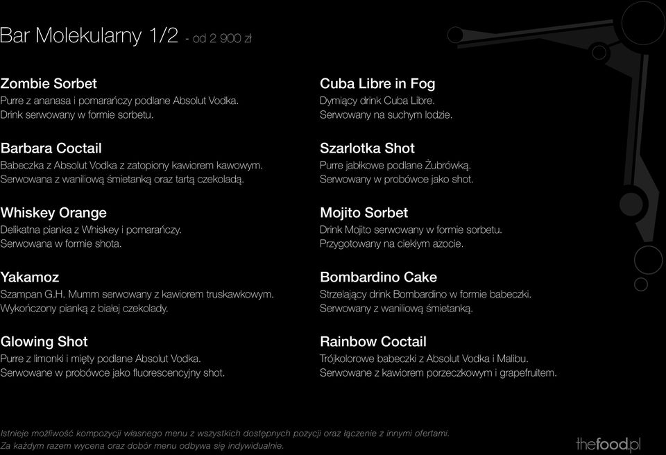 Serwowana w formie shota. Yakamoz Szampan G.H. Mumm serwowany z kawiorem truskawkowym. Wykończony pianką z białej czekolady. Glowing Shot Purre z limonki i mięty podlane Absolut Vodka.