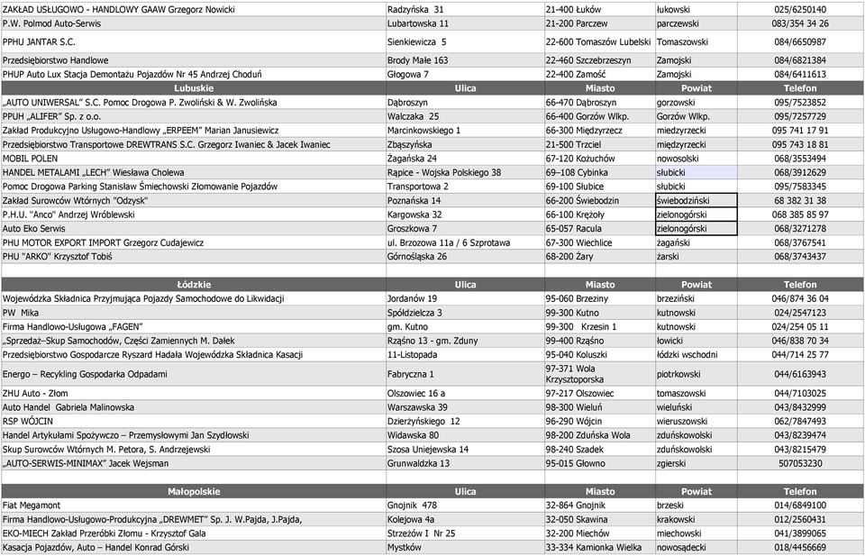 Andrzej Choduń Głogowa 7 22-400 Zamość Zamojski 084/6411613 Lubuskie Ulica Miasto Powiat Telefon AUTO UNIWERSAL S.C. Pomoc Drogowa P. Zwoliński & W.