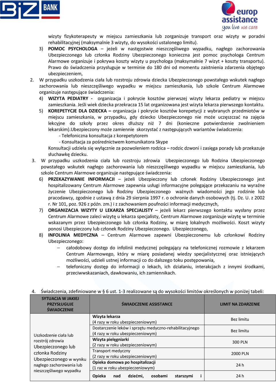 pokrywa koszty wizyty u psychologa (maksymalnie 7 wizyt + koszty transportu). Prawo do świadczenia przysługuje w terminie do 180 dni od momentu zaistnienia zdarzenia objętego ubezpieczeniem, 2.