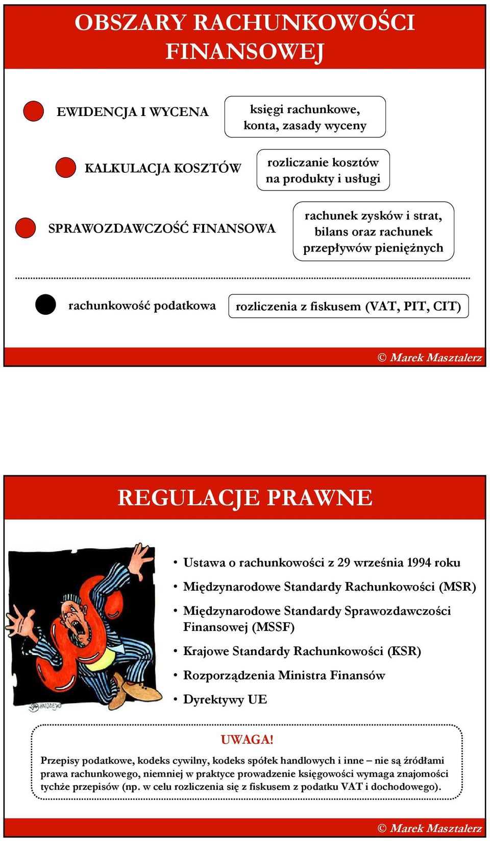 Standardy Rachunkowości (MSR) Międzynarodowe Standardy Sprawozdawczości Finansowej (MSSF) Krajowe Standardy Rachunkowości (KSR) Rozporządzenia Ministra Finansów Dyrektywy UE UWAGA!