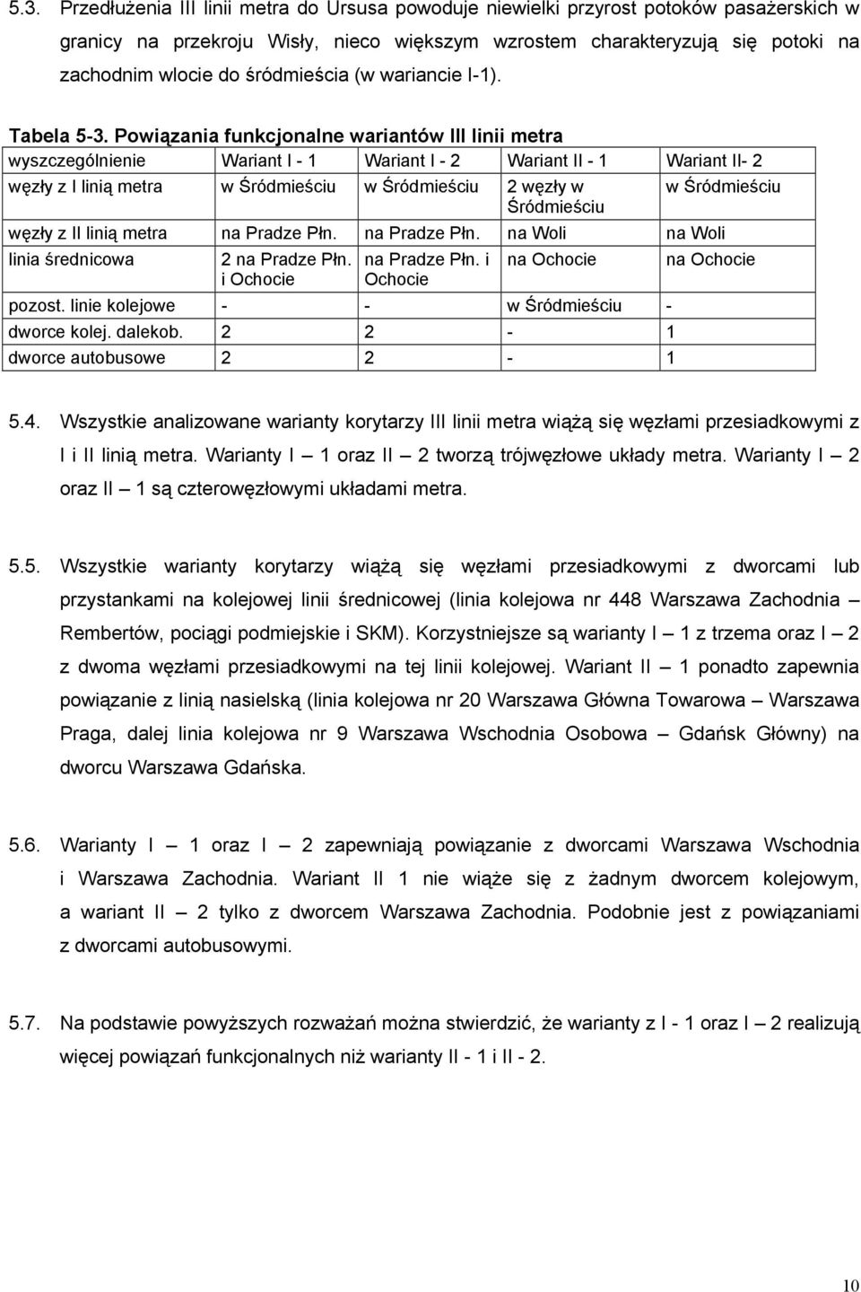 Powiązania funkcjonalne wariantów III linii metra wyszczególnienie Wariant I - 1 Wariant I - 2 Wariant II - 1 Wariant II- 2 węzły z I linią metra w Śródmieściu w Śródmieściu 2 węzły w Śródmieściu w