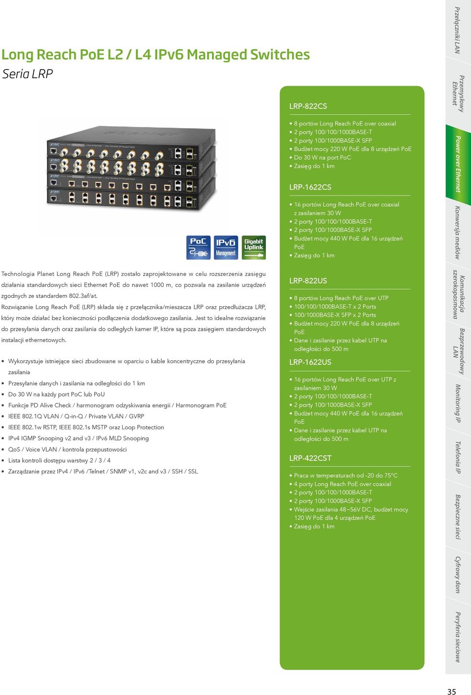 LAN Przemysłowy Ethernet Power over Ethernet Konwersja mediów Technologia Planet Long Reach (LRP) zostało zaprojektowane w celu rozszerzenia zasięgu działania standardowych sieci Ethernet do nawet