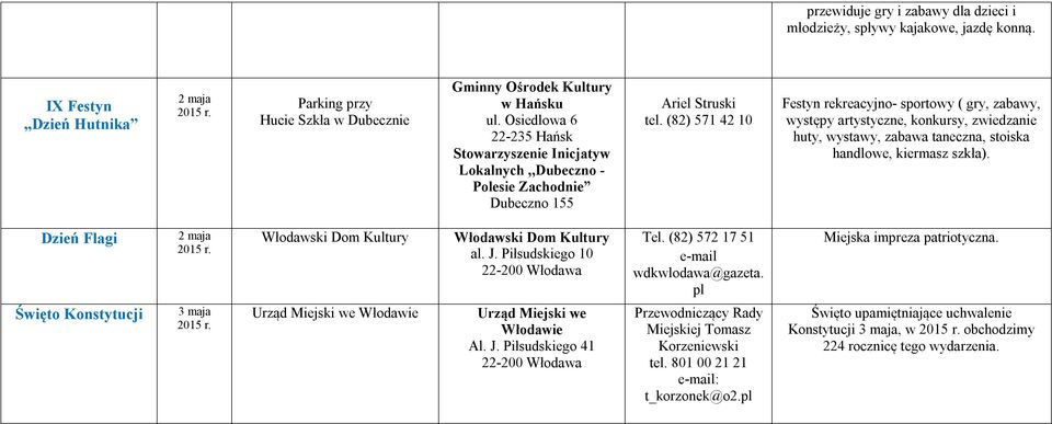 (82) 571 42 10 Festyn rekreacyjno- sportowy ( gry, zabawy, występy artystyczne, konkursy, zwiedzanie huty, wystawy, zabawa taneczna, stoiska handlowe, kiermasz szkła).