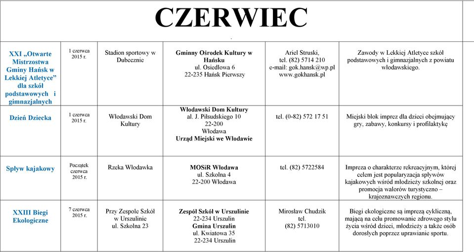 Kultury w Hańsku ul. Osiedlowa 6 22-235 Hańsk Pierwszy Włodawski Dom Kultury al. J. Piłsudskiego 10 22-200 Włodawa Urząd Miejski we Włodawie Ariel Struski, tel. (82) 5714 210 gok.hansk@wp.pl www.