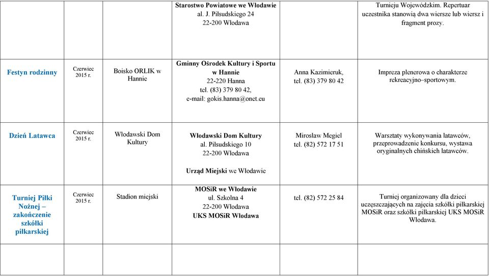 (83) 379 80 42 Impreza plenerowa o charakterze rekreacyjno sportowym. Dzień Latawca Czerwiec Włodawski Dom Kultury Włodawski Dom Kultury al. Piłsudskiego 10 Mirosław Megiel tel.