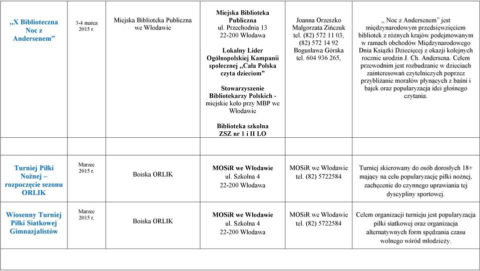 Zińczuk tel. (82) 572 11 03, (82) 572 14 92 Bogusława Górska tel.